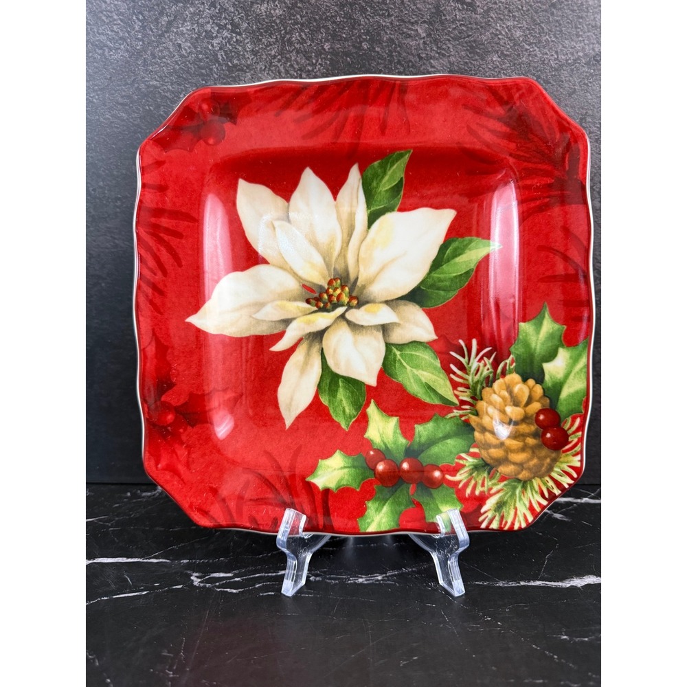 VTG 222 Fifth Poinsettia Holiday Square Appetizer Plate 8.5in MINT!